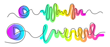 Abstract music player soundbar with play button line drawing. Doodle outline illustration. Vector illustration isolated on white background.のイラスト素材