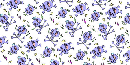 Cute cartoon skulls with crossbones and crown pattern for Halloween cover. Funny skulls hand drawn illustrations. Trendy Goth style design. Vector EPS 10のイラスト素材