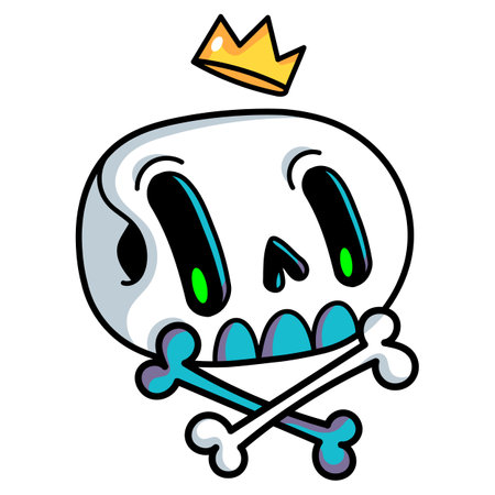 Cute cartoon skull with crown. Funny skull sticker for Halloween design. Vector illustration isolated on white background.のイラスト素材