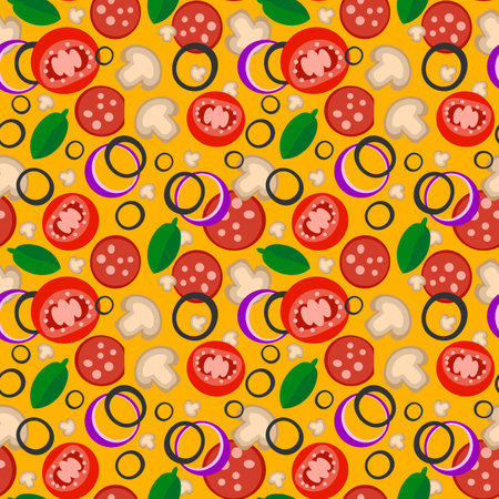 Vegetables backdrop. Vegetables seamless pattern background. Healthy food cover. Tomatoes, mushrooms, onions and lettuce. Vector illustration EPS 10のイラスト素材