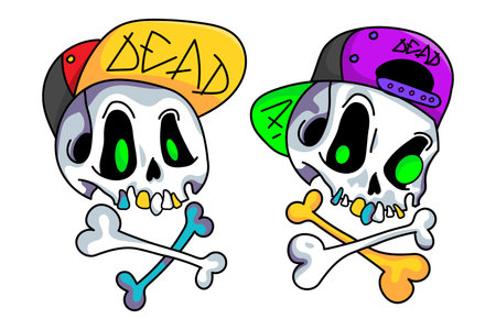 Cute cartoon skull in a cap. Funny skull sticker for Halloween design. Cool hand drawn skull with crossbones. Vector illustration isolated on white background.のイラスト素材