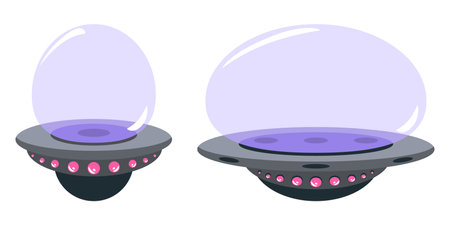 Cute cartoon spaceship. Funny flat UFO spaceship illustration. Vector isolated on white background.のイラスト素材