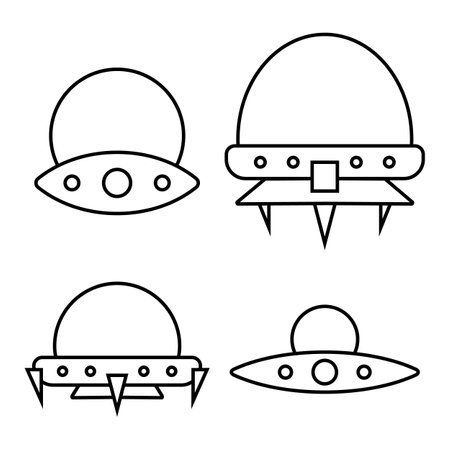 Spaceship line icons set. Cute cartoon spaceships. Funny UFO. Vector isolated on white background.のイラスト素材