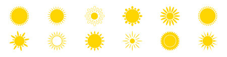 Yellow sun icons set. Summer heat icons. Round solar element. Vector illustration isolated on white background.のイラスト素材
