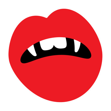 Funny cartoon mouth with teeth and fangs. Simple red and white illustration isolated on white background.のイラスト素材