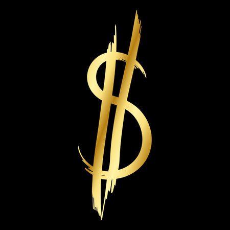 Gold dollar icon. Hand-drawn brush stroke of golden dollar sign. Money sign for business and decoration, websites and app. Vector illustration isolated on black background.のイラスト素材
