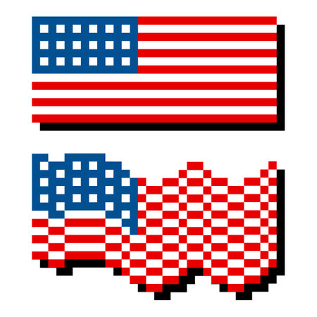 Flag of USA. Pixel art American flag icon. Cool retro style for American holidays. Vector illustration isolated on white background.のイラスト素材