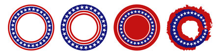 Patriotic American Flag circular frames and labels set. Vector illustration isolated on white background.のイラスト素材