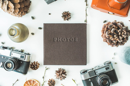 black wedding or family photo album, cones, vintage old-fashioned camera, candlesticks, branches of pussy willow, leaves and dry oranges isolated on white background. flat lay, overhead viewの写真素材
