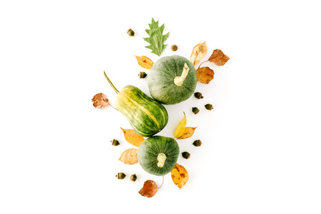 autumn fall flat lay, top view arrangement. pumpkin, leaves on white background, flat lay, top viewの写真素材
