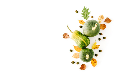 autumn fall flat lay, top view arrangement. pumpkin, leaves on white background, flat lay, top viewの写真素材
