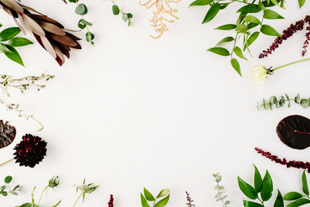 creative decorated and arranged flat lay frame concept with green and purple branches on white background. top viewの写真素材