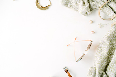 woman trendy fashion clothes collage on white, flat lay, top viewの写真素材