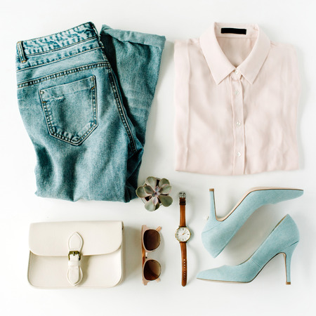 woman trendy fashion clothes collage on white, flat lay, top viewの写真素材