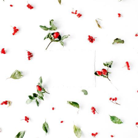 empty paper blank and minimal creative berry arrangement pattern on white. flat lay, top view. christmas background wallpaper.の写真素材