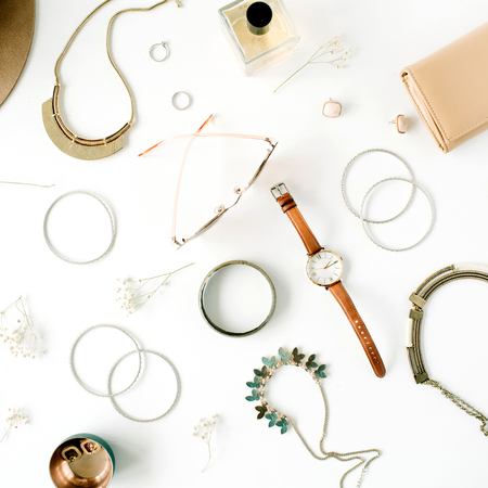 woman trendy fashion accessories arrangement on white, flat lay, top viewの写真素材