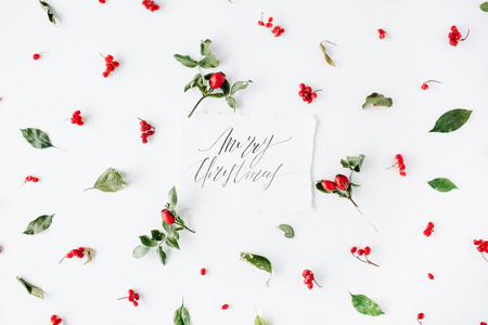 words merry christmas and minimal creative berry arrangement pattern on white. flat lay, top view. christmas background wallpaper.の写真素材