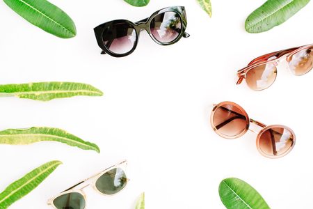flat lay, top view sunglasses on white backgroundの写真素材