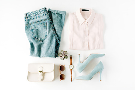 woman trendy fashion clothes collage on white, flat lay, top viewの写真素材