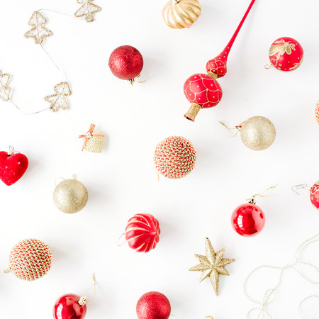 christmas decoration pattern, with christmas glass balls, tinsel, bow. christmas wallpaper. flat lay, top viewの写真素材