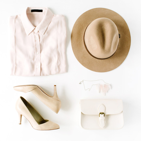 woman trendy fashion clothes collage on white, flat lay, top viewの写真素材