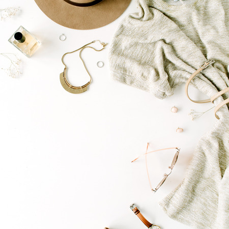 woman trendy fashion clothes collage on white, flat lay, top viewの写真素材