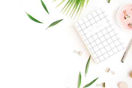 Flat lay, top view office table desk. Workspace with notebook, palm branch and clips on white background.の写真素材