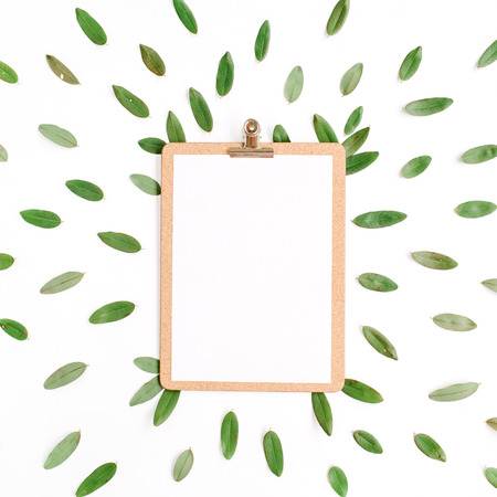clipboard with green petals isolated on white background. flat lay, top viewの写真素材