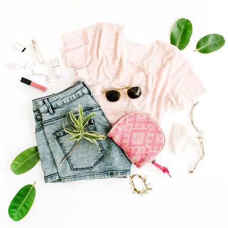 Trendy feminine clothes and accessories. Flat lay, top viewの写真素材