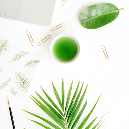 Artist workspace. Palm leaves frame painted with watercolor, paintbrushes, laptop, green palm leaves. Flat lay, top viewの写真素材