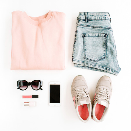 Stylish, trendy feminine clothes and accessories. Flat lay, top viewの写真素材