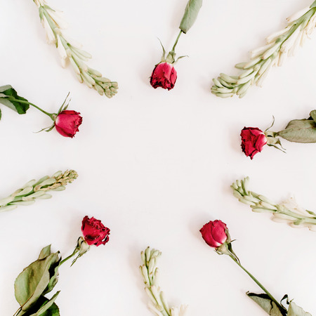 Red roses and white flowers frame on white background. Flat lay, top viewの写真素材