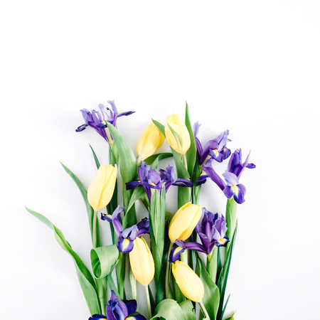 Beautiful flowers bouquet on white background. Flat lay, top view. Floral compositionの写真素材