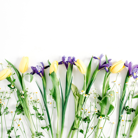 Beautiful flowers: tulips, chamomiles, iris flower on white background. Flat lay, top view. Floral compositionの写真素材