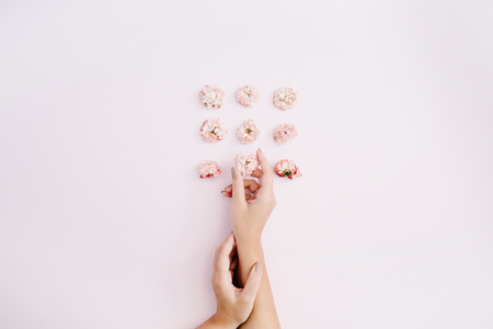 Girl's hand holding pink dry rose buds on pink background. Flat lay, top view. Flowers background.の写真素材