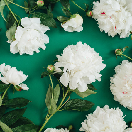 Floral pattern made of white peony flowers, green leaves, branches on green background. Flat lay, top view. Floral background. Pattern of flowers.の写真素材