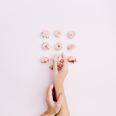 Girl's hand holding pink dry rose buds on pink background. Flat lay, top view. Flowers background.の写真素材