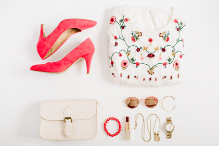 Woman styled fashion clothes and accessories collage on white background. Flat lay, top view.の写真素材