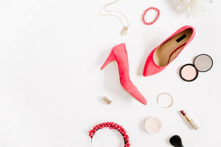Woman fashion high heels and accessories collage on white background. Flat lay, top view feminine background.の写真素材