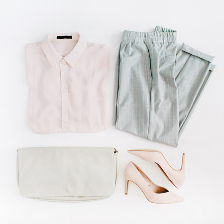 Women modern fashion clothes and accessories. Flat lay female casual style look. Top view.の写真素材