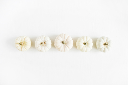 White pumpkins. Fall autumn minimal concept. Flat lay, top view. Christmas background.の写真素材