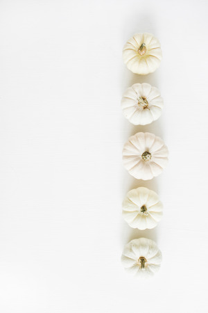White pumpkins arrangement. Autumn concept. Flat lay, top view.の写真素材