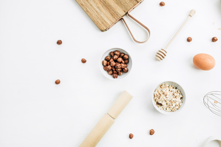 Flat lay, top view of raw healthy food ingredients. Cooking concept.の写真素材
