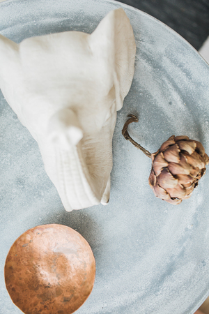 Gypsum elephant head, vintage saucer and protea flower on grey tray.の写真素材