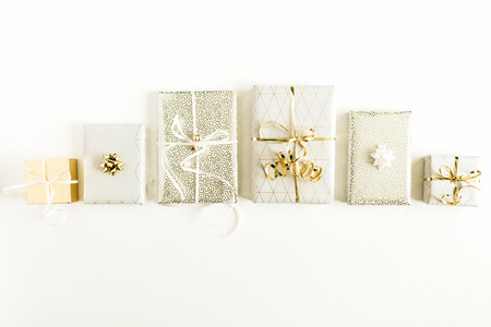 Christmas, New Year gift boxes on white background. Flat lay, top view holiday composition.