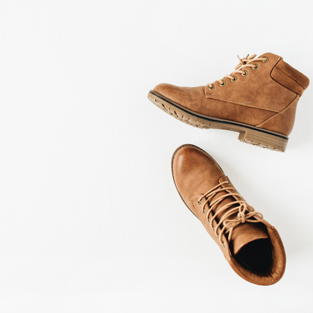 Ginger shoes isolated on white background. Flat lay, top view.の写真素材