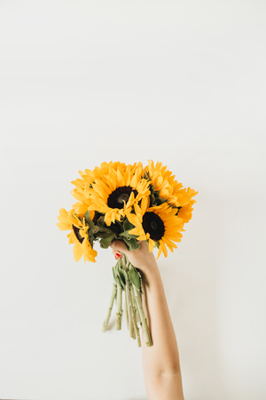Sunflowers bouquet in female hands. Flat lay, top view summer floral hero header.の写真素材