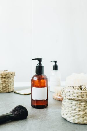 Spa bath composition with mockup copy space label tag on liquid soap bottle.の写真素材