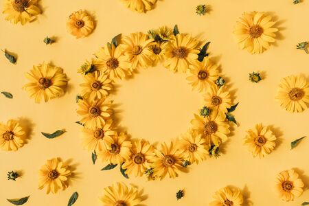 Round frame border of yellow daisy flowers on yellow background. Mockup blank copy space. Flat lay, top view floral composition.の写真素材