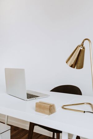 Modern minimal interior design concept. Home office desk table workspace with laptop, lamp, books....